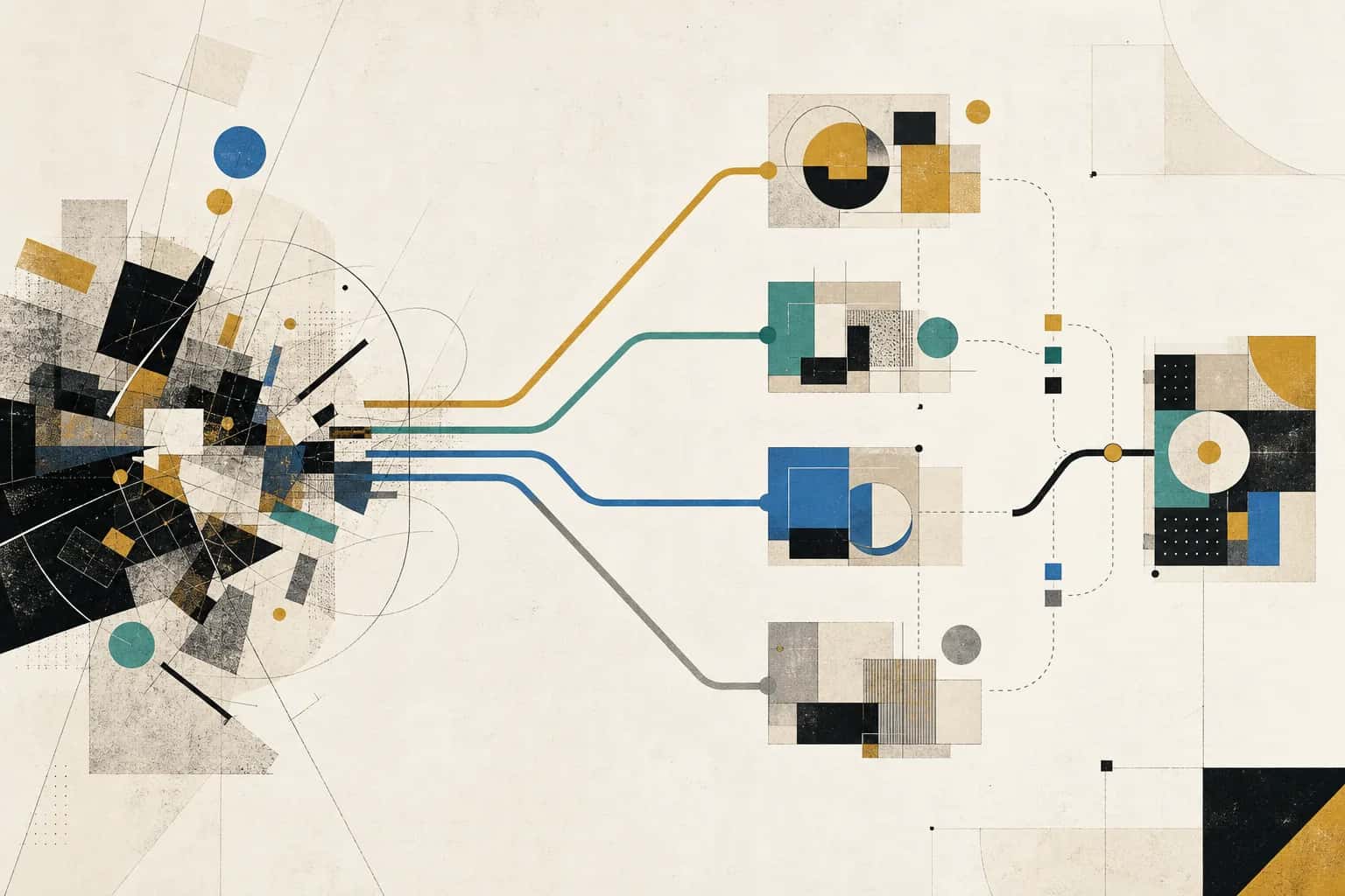 Abstract editorial decision map comparing consulting, software, agency build, and implementation partner routes in Ubisar cream and gold