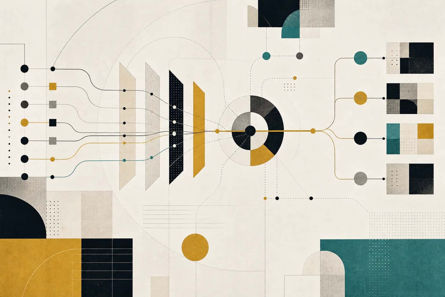Abstract editorial collage of workflow cost drivers, data paths, review checkpoints, and implementation decisions in Ubisar cream and gold