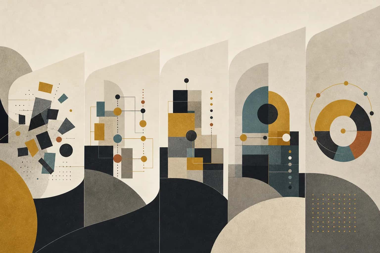 Abstract modernist sequence showing month-by-month workflow, data, tool, and AI implementation progress