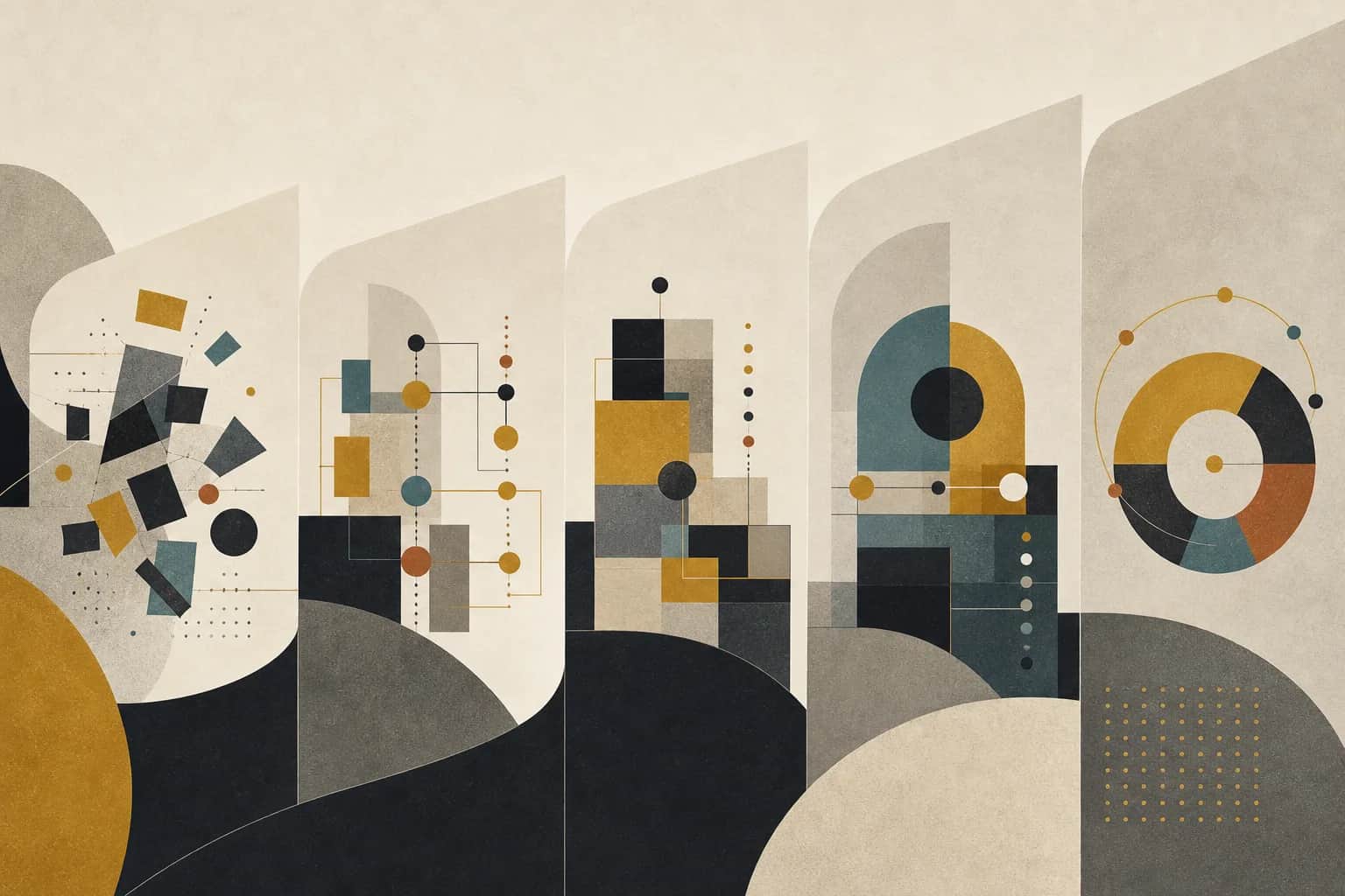 Abstract modernist sequence showing month-by-month workflow, data, tool, and AI implementation progress