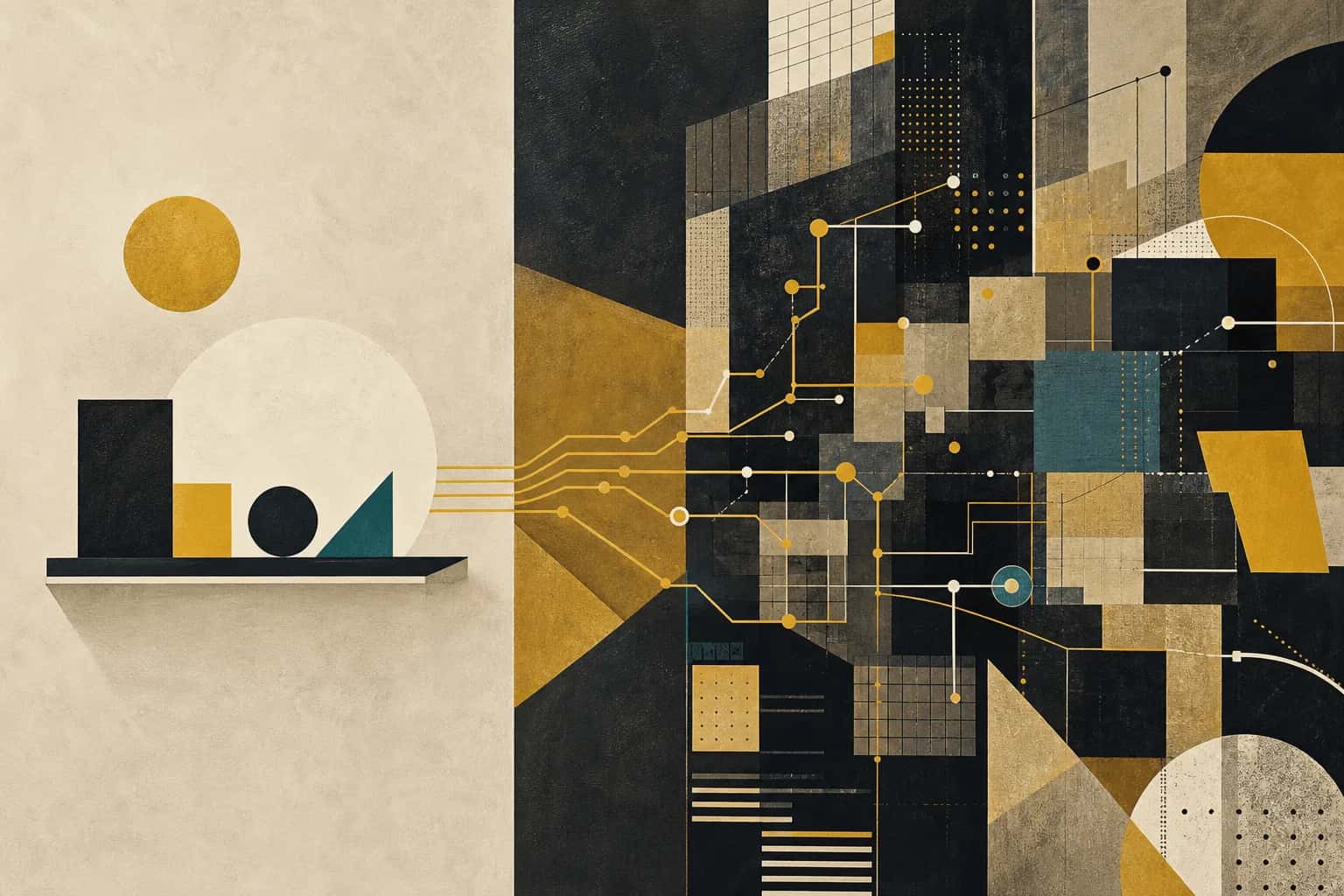 Abstract Bauhaus-style composition showing a clean AI demo dissolving into a complex real workflow