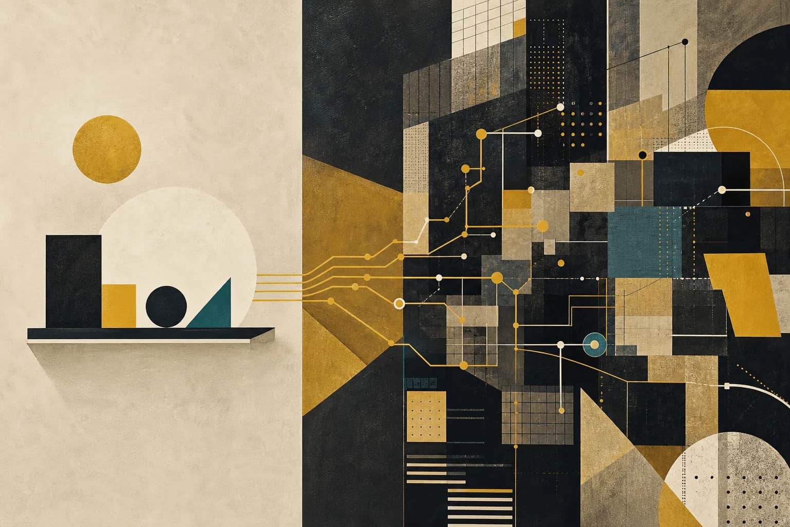 Abstract Bauhaus-style composition showing a clean AI demo dissolving into a complex real workflow