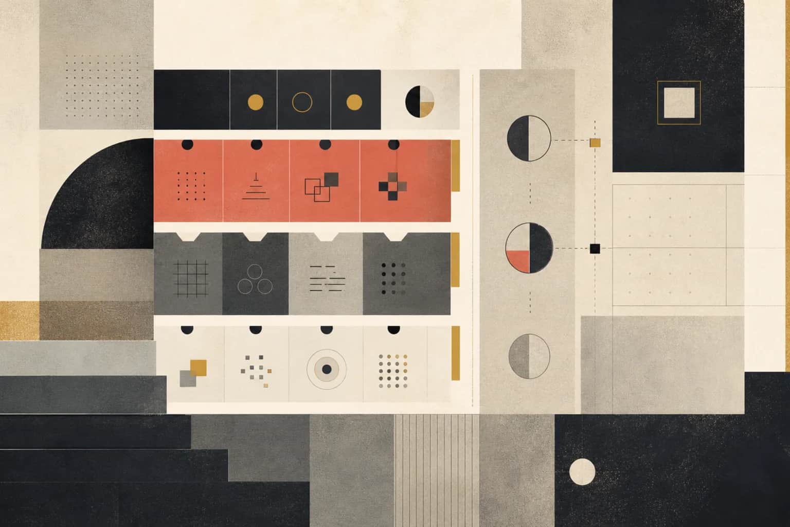 Abstract modernist readiness map with workflow blocks, data cells, and review checkpoints