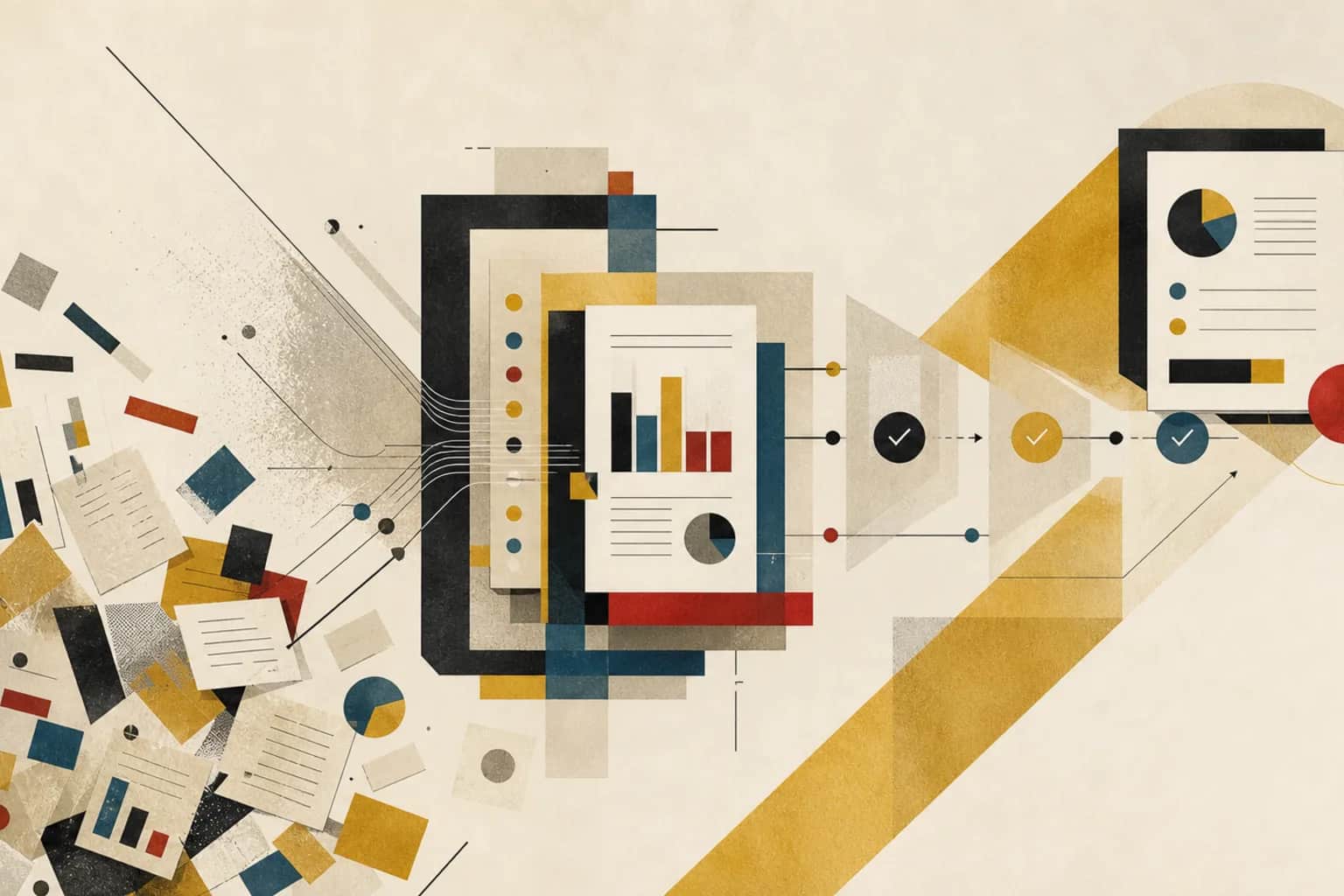 Abstract modernist board pack workflow assembling data fragments, commentary, review checkpoints, and final reporting materials