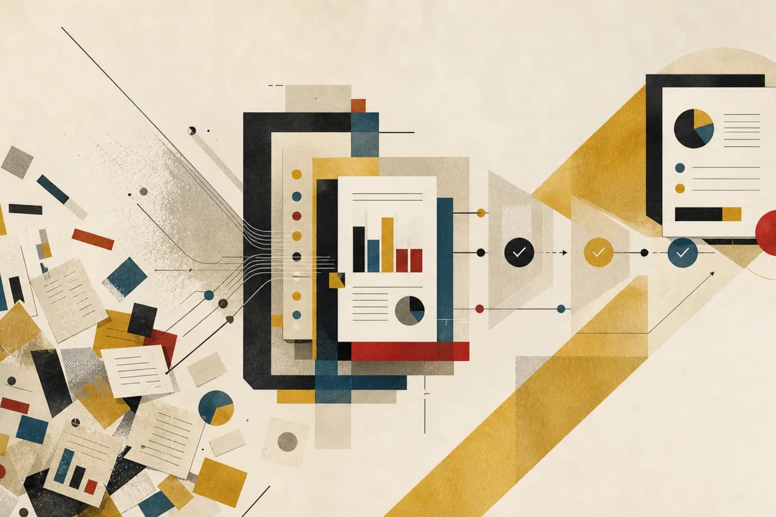 Abstract modernist board pack workflow assembling data fragments, commentary, review checkpoints, and final reporting materials