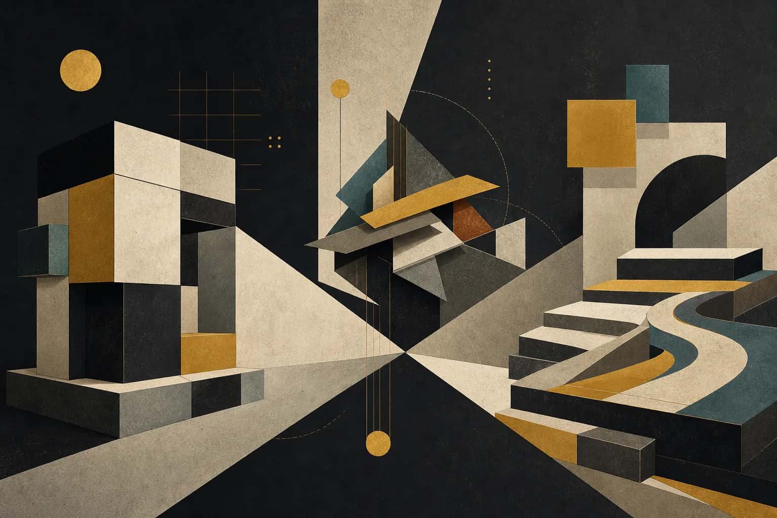 Abstract modernist triptych showing three paths for buying software, building a tool, or fixing a workflow