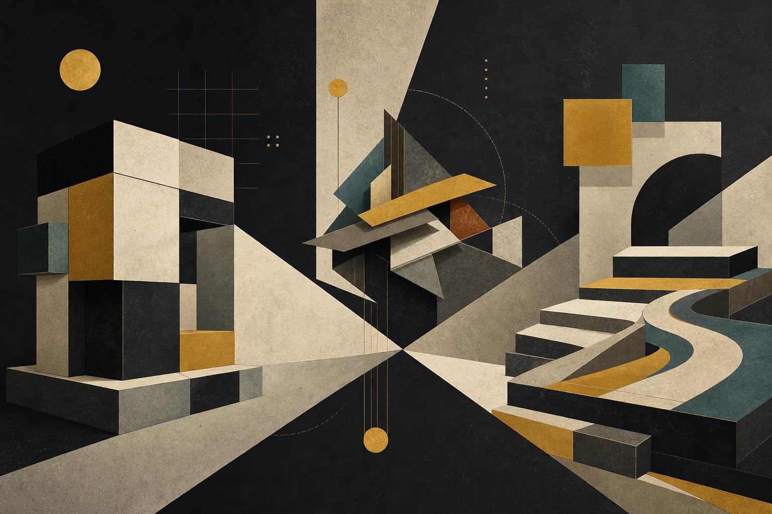 Abstract modernist triptych showing three paths for buying software, building a tool, or fixing a workflow