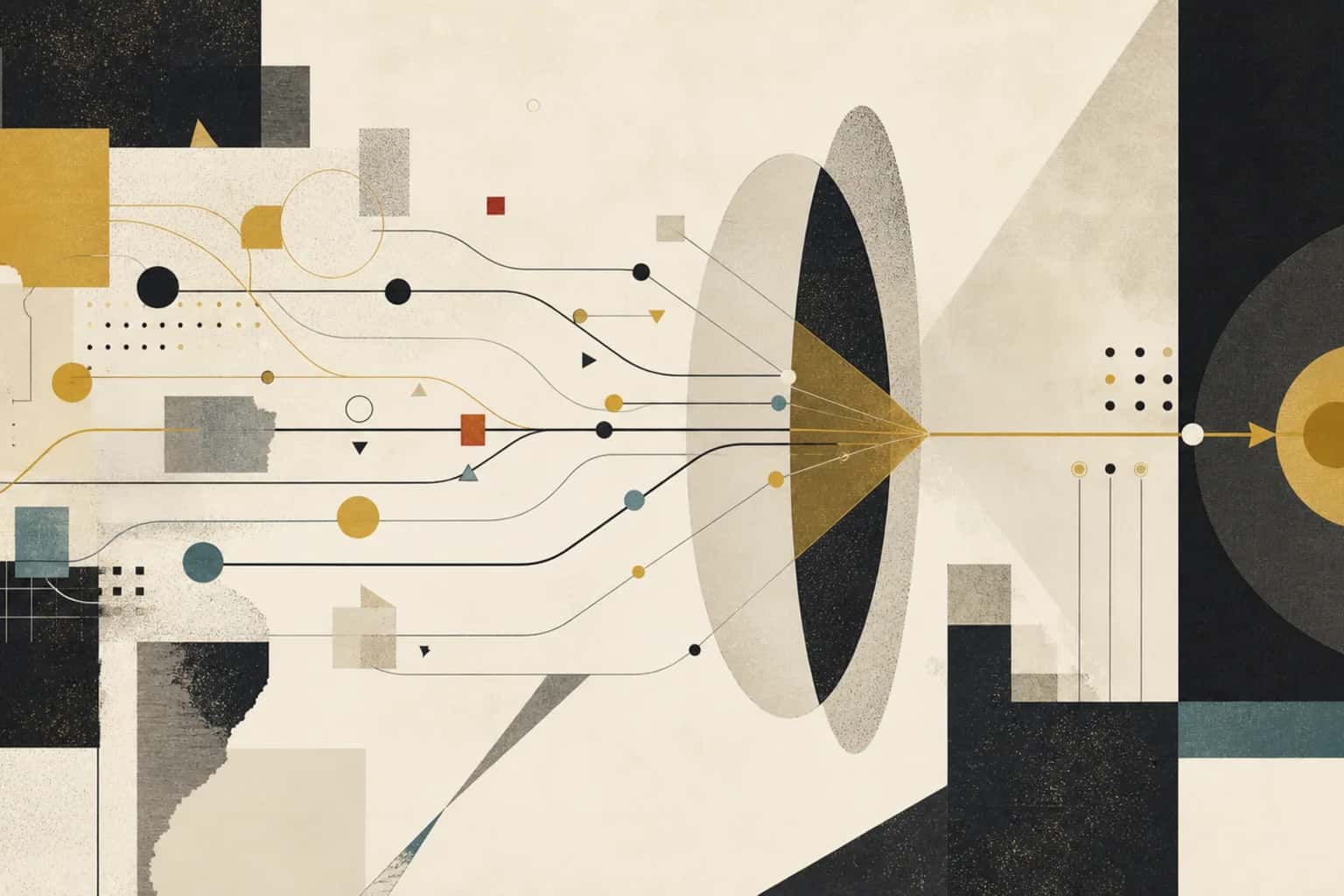 Abstract geometric paths narrowing into one selected AI workflow route