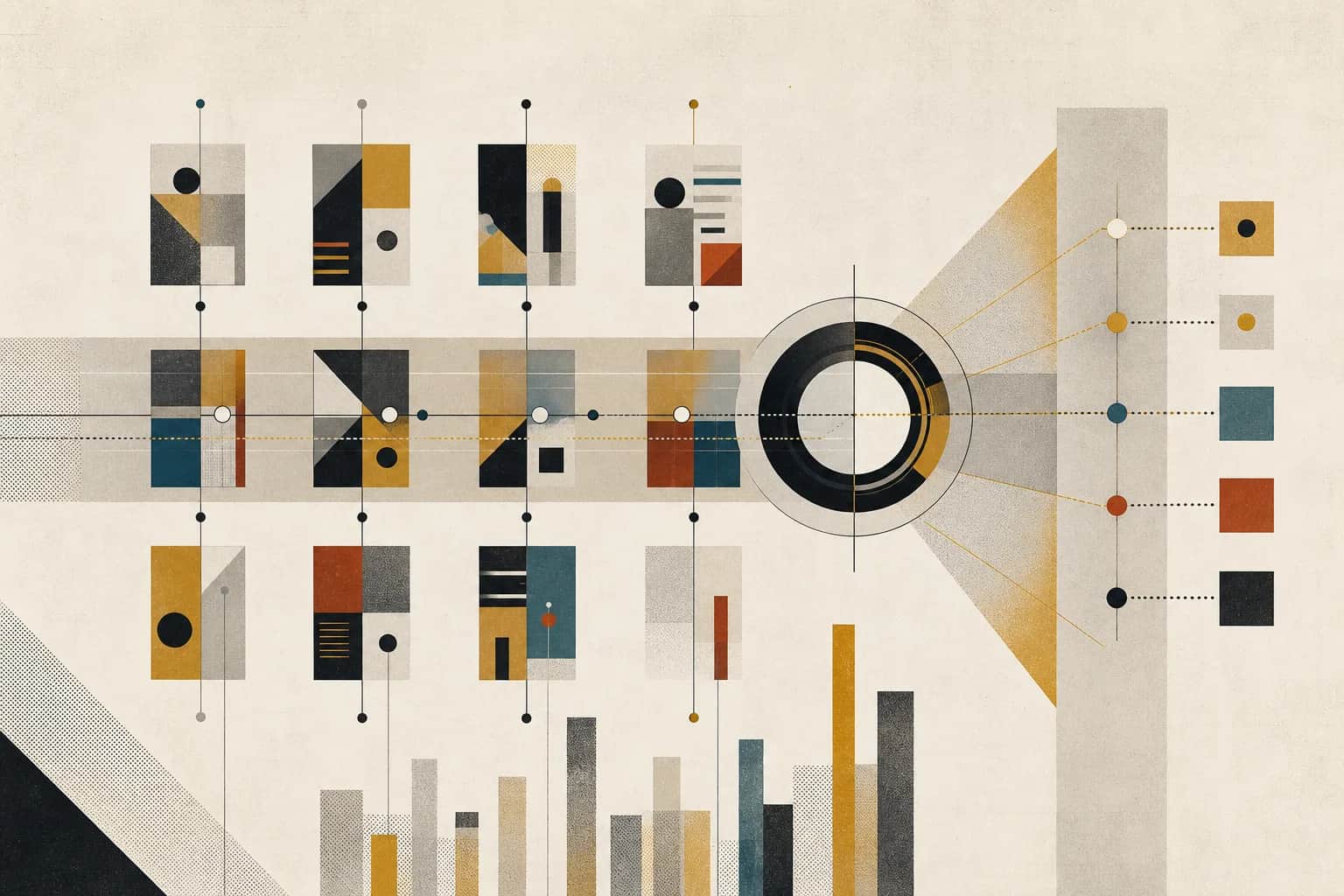 Abstract modernist portfolio benchmark map with comparable company units, cohort lines, and exception signals