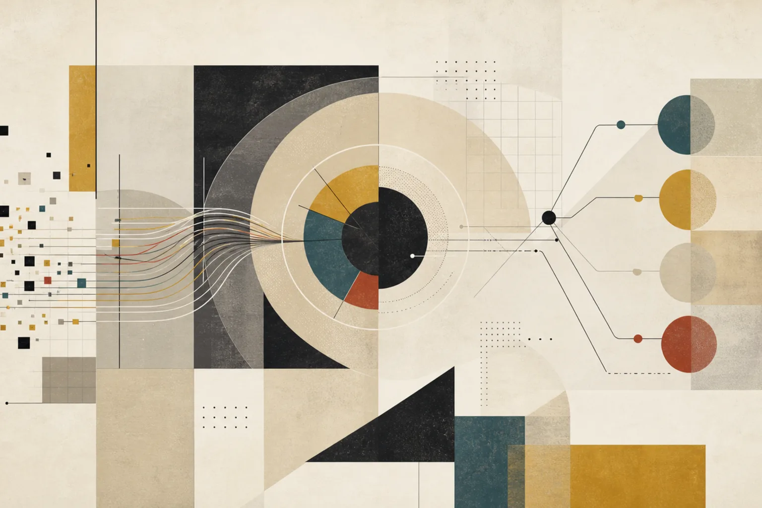 Abstract modernist customer segmentation workflow with data signals, grouped customer shapes, and activation paths