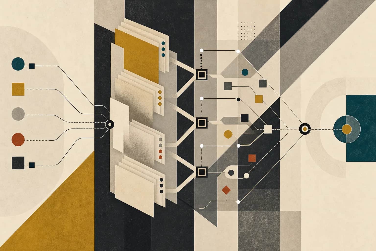 Abstract modernist change order workflow with scope cards, cost exposure bands, owner approval gates, and project margin signals