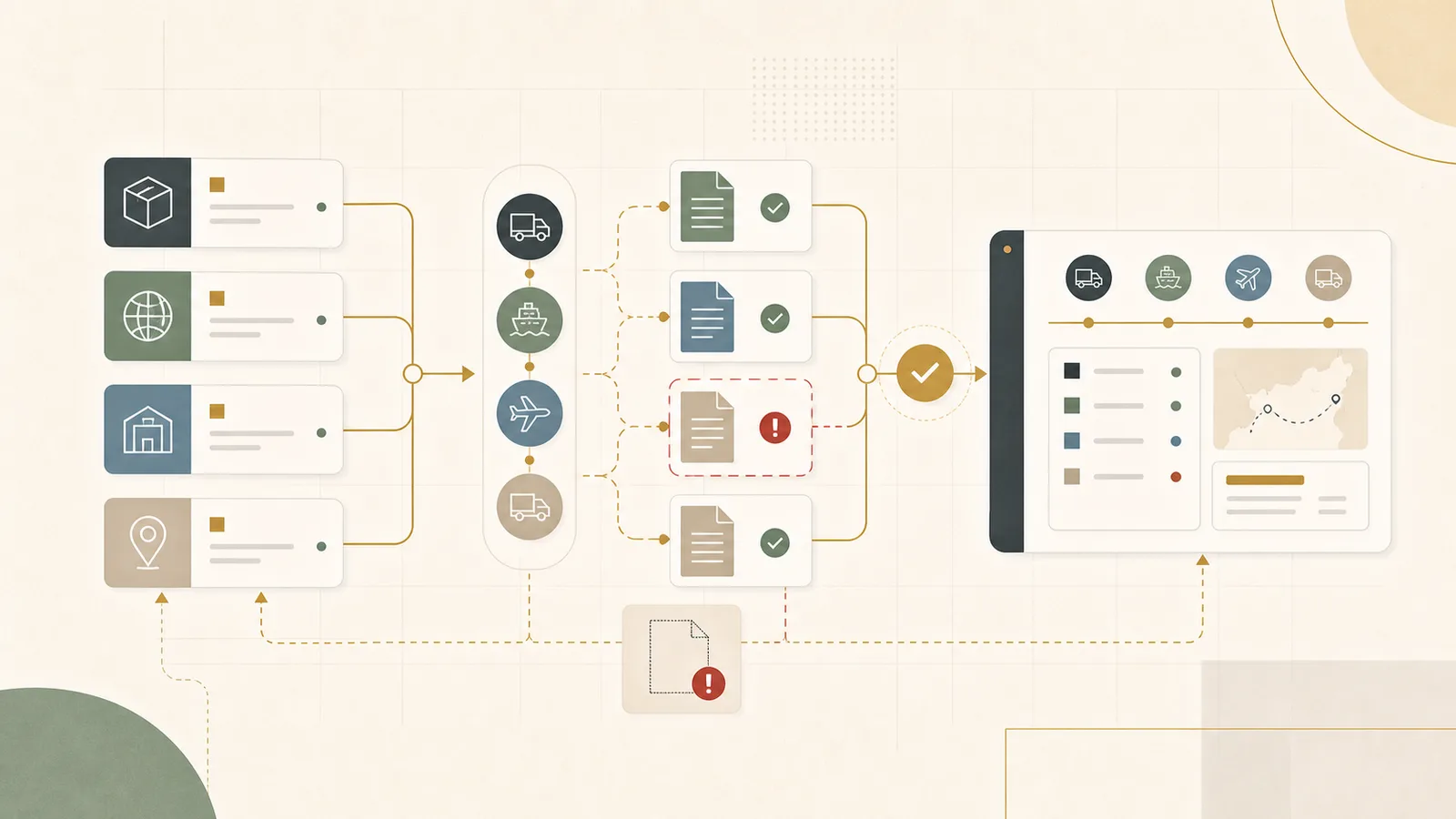 Abstract modernist freight booking and document workflow with shipment request blocks, carrier milestone paths, document stacks, and missing paperwork markers