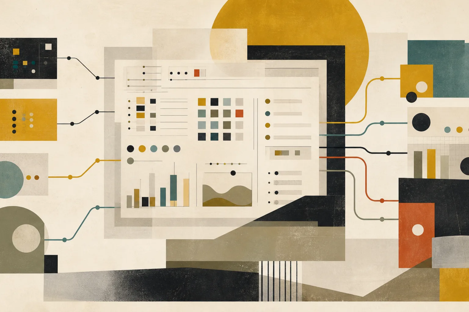 Abstract modernist healthcare operational reporting workflow with source-system signals, dashboard panels, review paths, and action loops