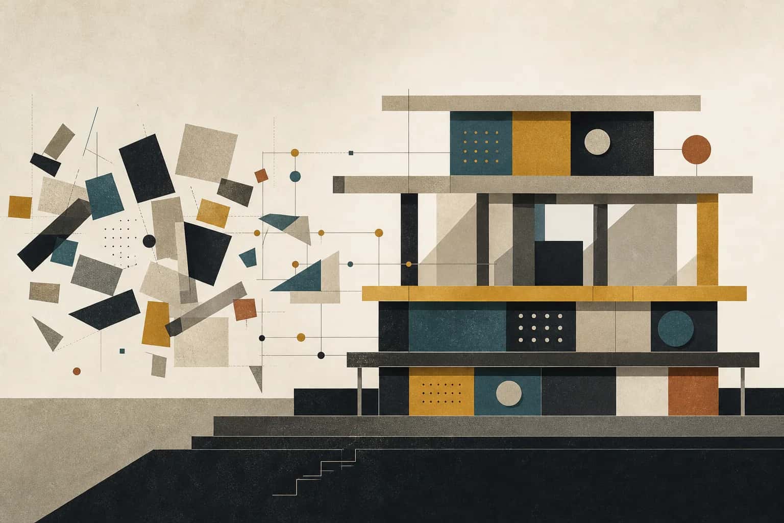 Abstract modernist system architecture turning scattered tools into one connected system