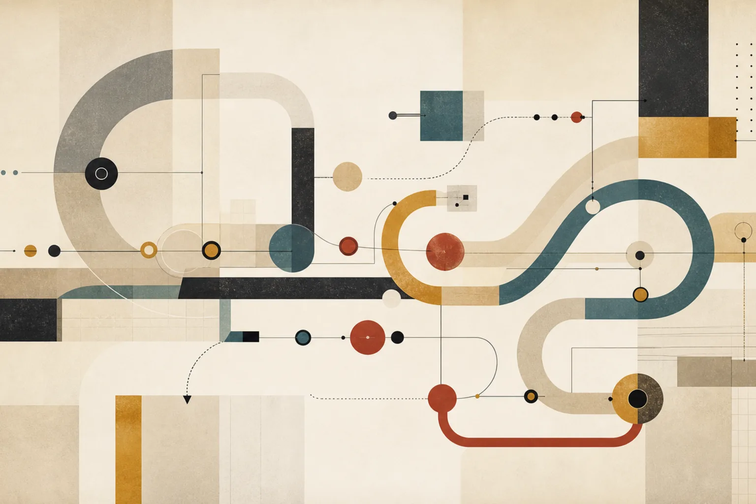 Abstract modernist lifecycle campaign workflow with looping paths, timing lanes, checkpoints, and feedback signals