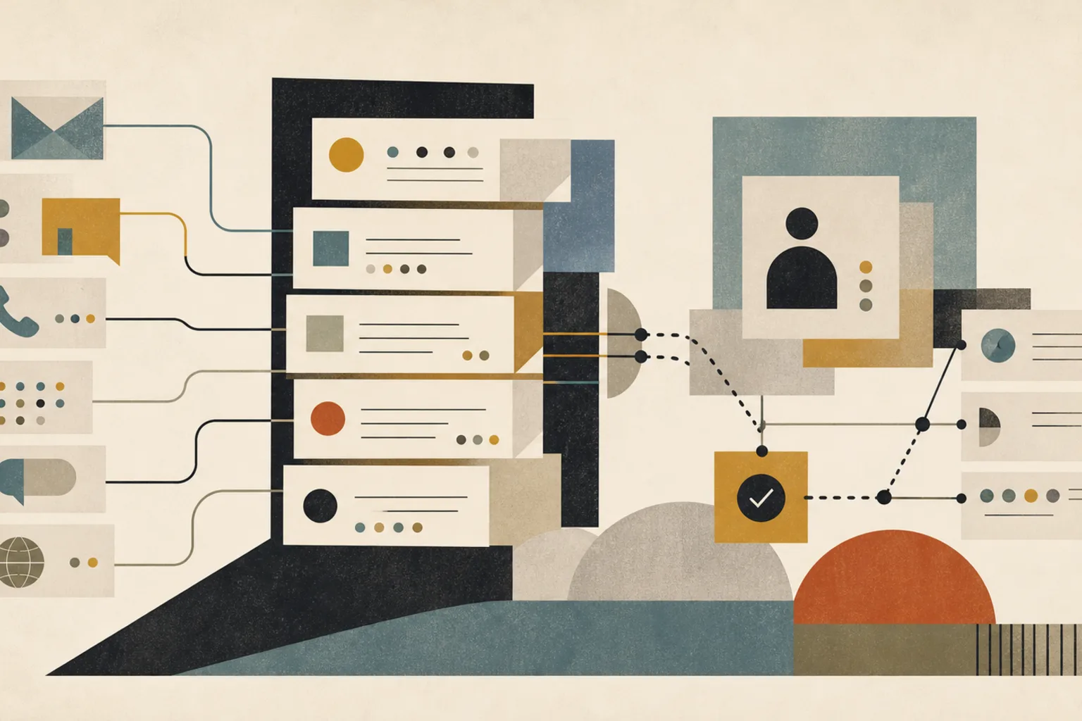 Abstract modernist patient communications workflow with channel signals, message cards, review routing, and action paths