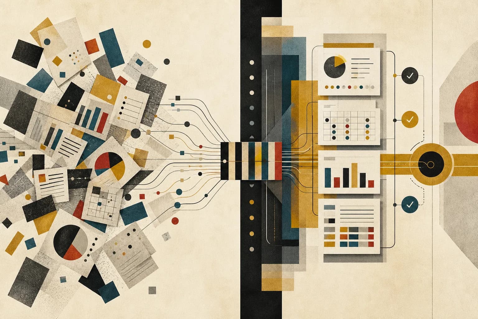 Abstract modernist workflow showing messy CRM and finance fragments resolving into a clean shared operating system
