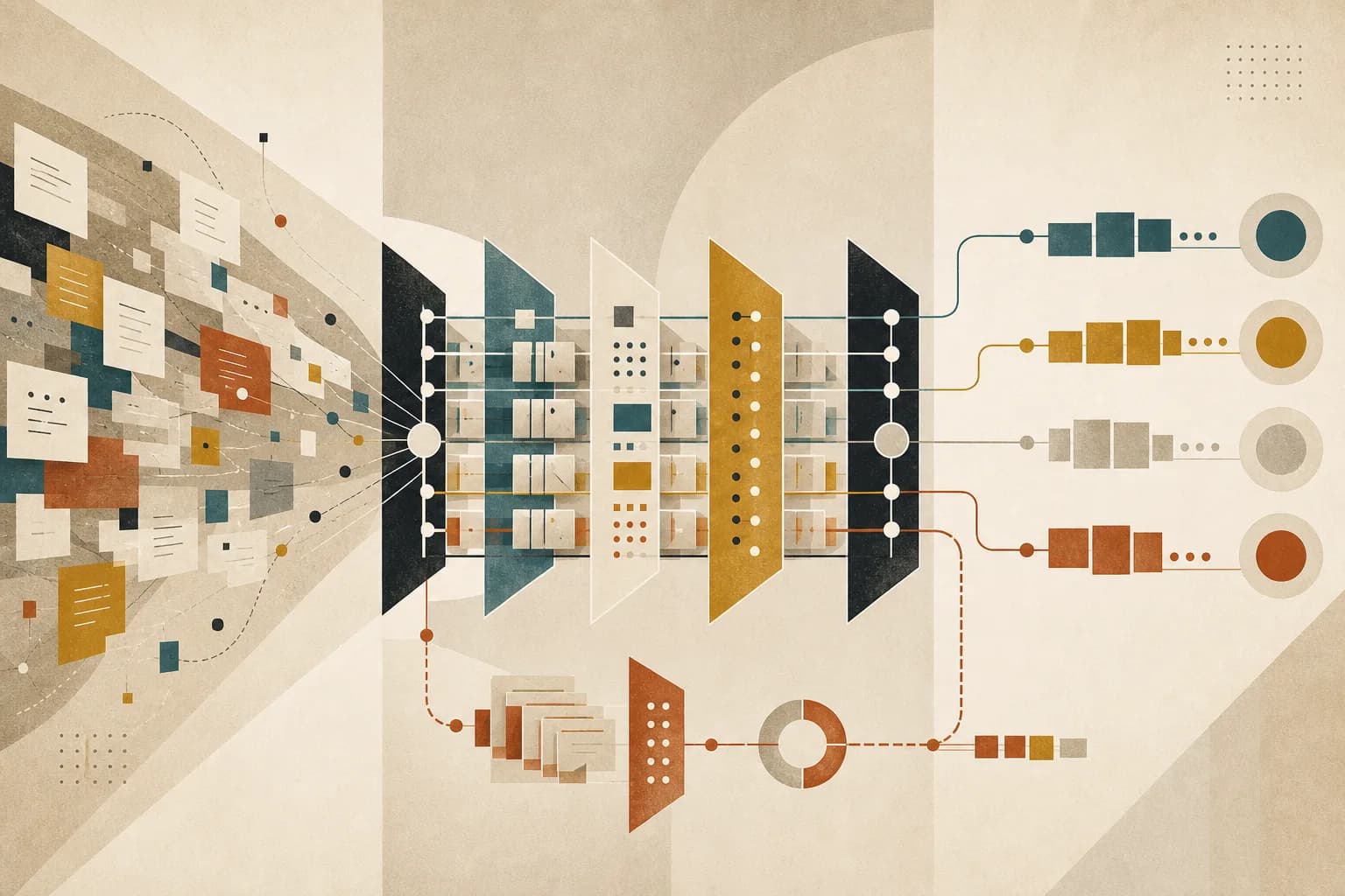 Abstract modernist claims intake workflow with policy records, document packets, severity markers, adjuster queues, and escalation paths
