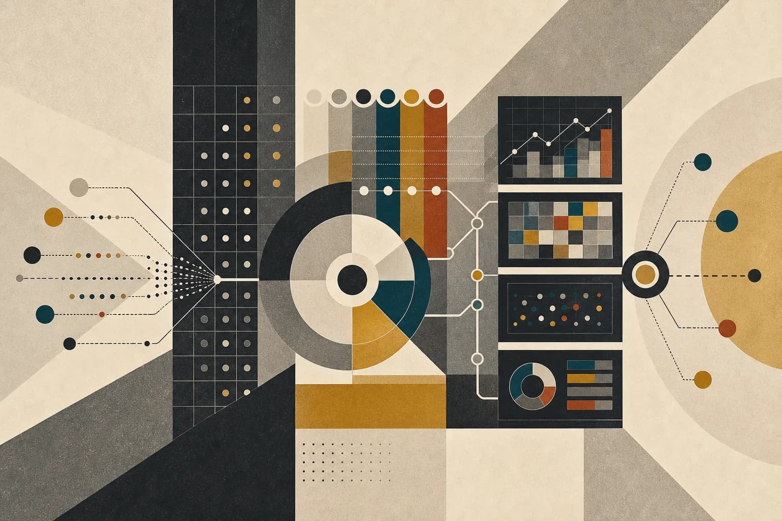 Abstract modernist product and customer analytics workflow with event streams, cohort grids, segment bands, dashboard tiles, and decision loops