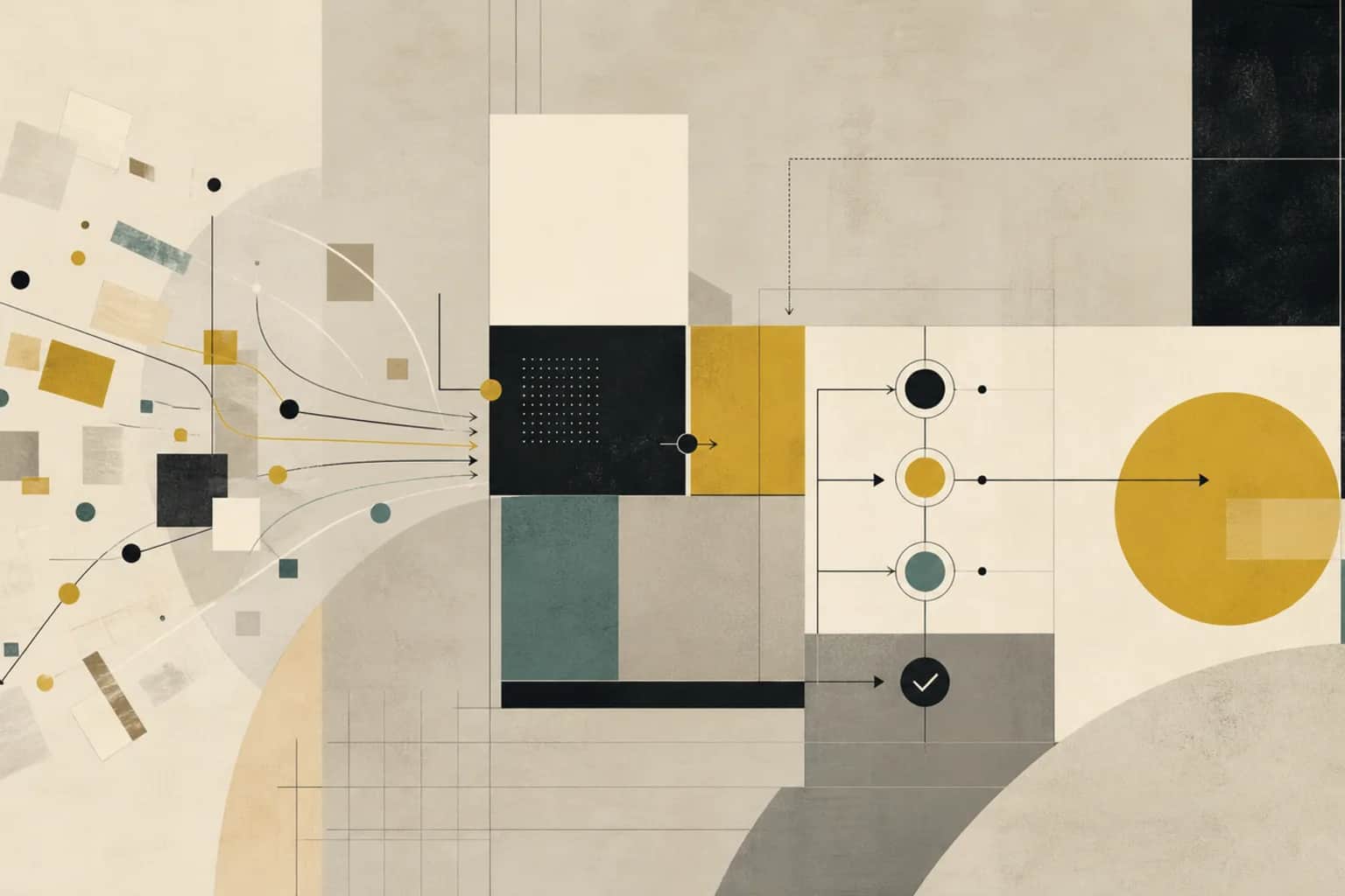 Abstract modernist quote-to-production workflow with customer promise cards, BOM checks, routing gates, and job-release signals