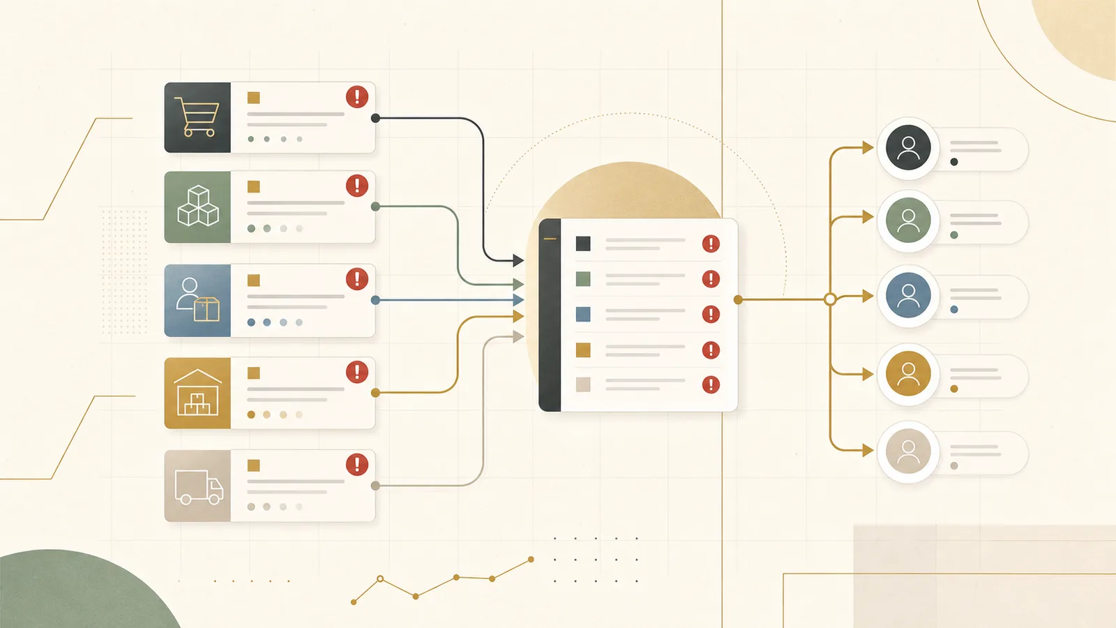 Abstract modernist supply chain exception reporting workflow with order, inventory, supplier, warehouse, and freight signals converging into one review queue